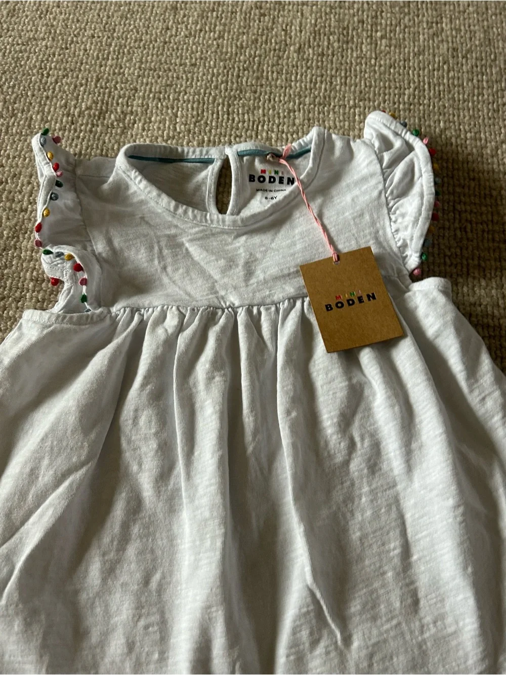 Boden White Cotton Dress with Rainbow Trim Flutter Sleeves